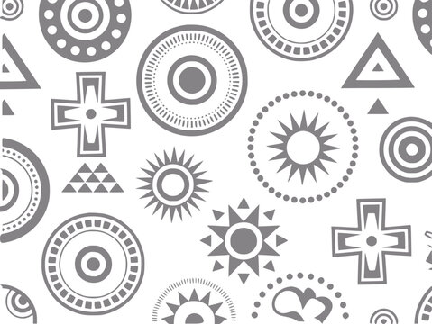 Geometric pattern with tribal and sun motifs in gray and white