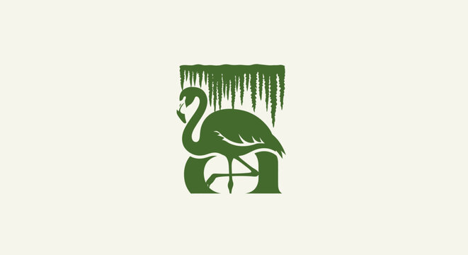 Elegant green flamingo illustration with bamboo leaves.