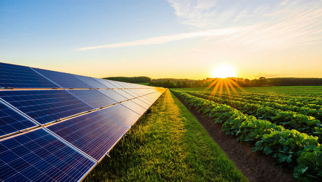 Solar panel array in agricultural field at golden hour sunset with renewable generation technology