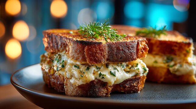 Artisan grilled cheese sandwich with fresh herbs on a dark restaurant table by window light, featuring melted cheese, warm ambiance, and modern comfort food presentation.