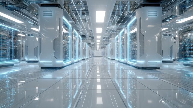 space age data center facility, floating holographic data streams, glossy white floor, illuminated server towers, clean futuristic design