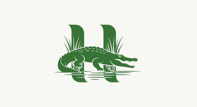 Green alligator logo with water and grass elements.