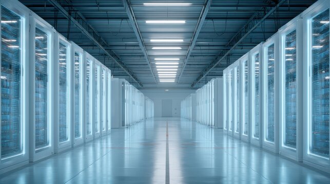super clean hyperscale data center warehouse, massive server racks aligned perfectly, soft ambient blue lighting, minimal industrial design