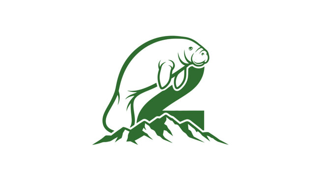 Green Manatee Logo Design with Mountain Base.