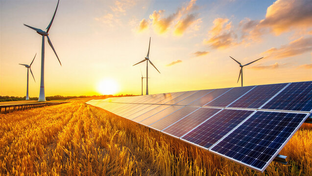 Solar panels and wind turbines in a field at sunset with solar panel wind turbine alternative ener