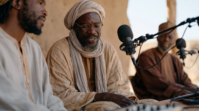 Ethnomusicologists and village elders collaborating in a remote Nigerian recording session inside a modest community building, microphones positioned around a circle of griots