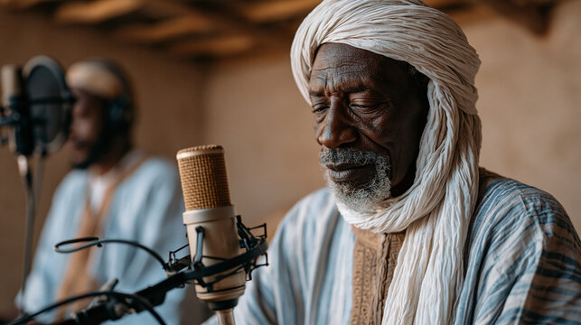 Ethnomusicologists and village elders collaborating in a remote Nigerian recording session inside a modest community building, microphones positioned around a circle of griots