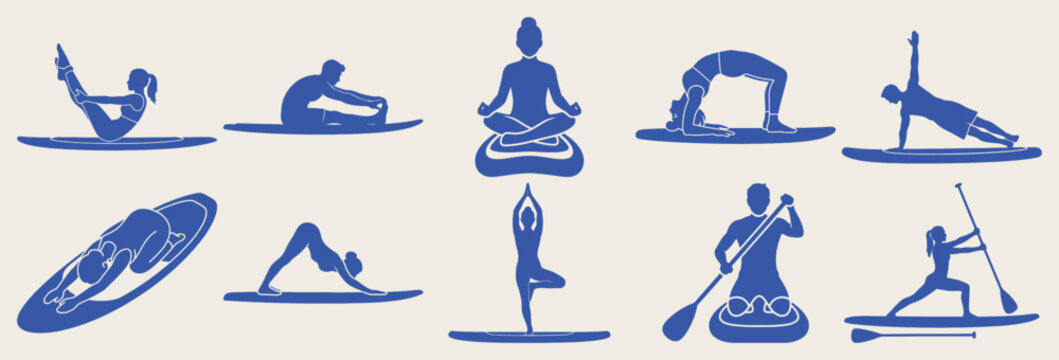 Yoga and paddleboard fitness silhouette collection with wellness and balance poses