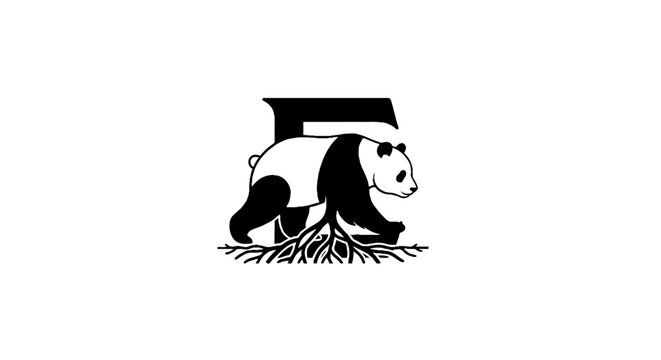 Black and white panda illustration with roots and hat.