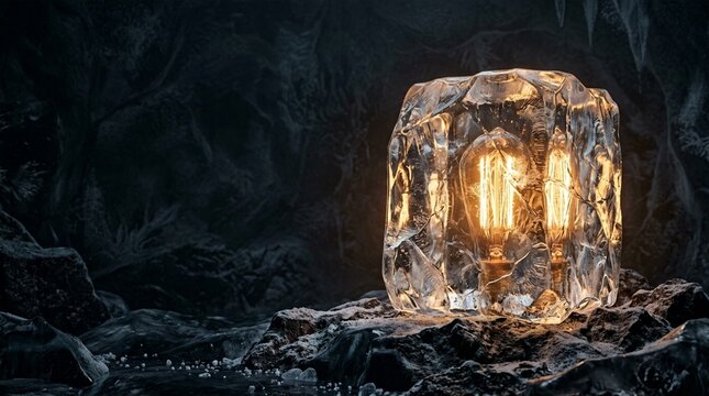 Edison light bulb frozen in ice block on rocky surface in dark cave