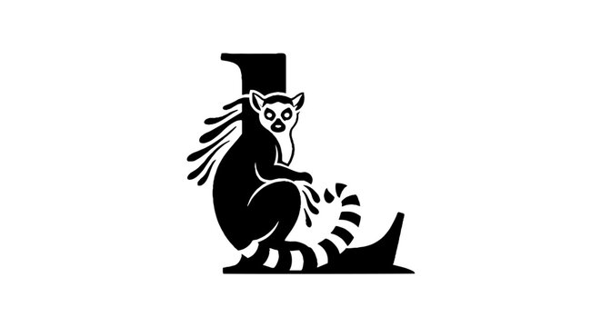 Black and white illustration of a lemur sitting.