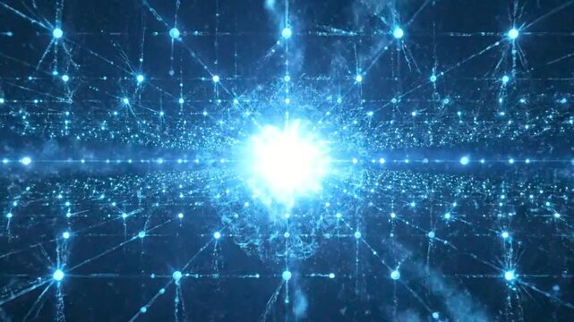 Abstract digital network grid with glowing blue lights and futuristic particles in motion and energy and high tech in outline style