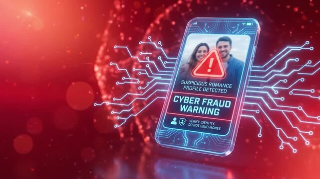 Cyber fraud warning smartphone alert with suspicious romance profile and identity verification risk on digital circuit background highlighting online scam and fraud detection technology concept