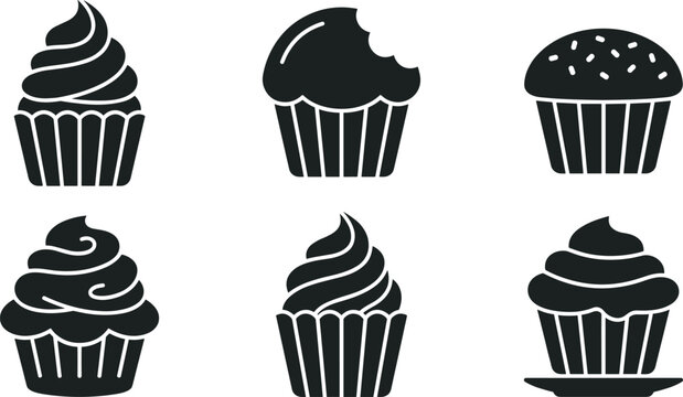 Black Silhouette Cupcake and Muffin Icon Set with Swirl Frosting Sprinkle and Bite Mark Designs for Bakery Dessert and Sweet Food Projects