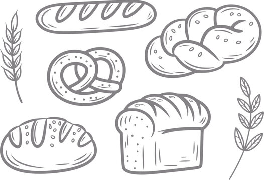 A charming hand-drawn collection of various breads and pretzels