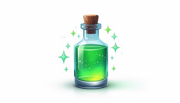 3D rendered glass potion bottle with glowing neon green magic liquid."