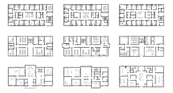 Architectural floor plan collection, set of 9 technical building layouts, black and white house blueprint vector illustrations for construction and design