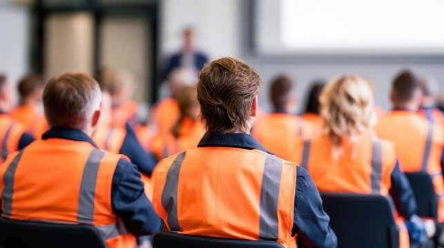 Factory and logistics employees attending corporate training in a modern conference room