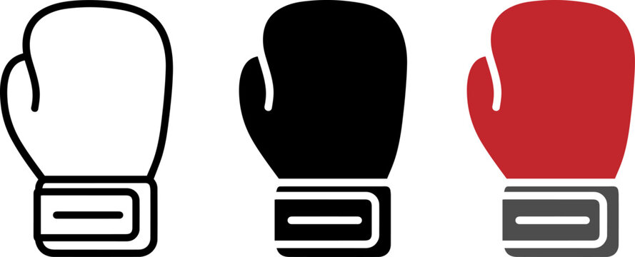 Set of three boxing glove icons in outline, solid, and colored styles