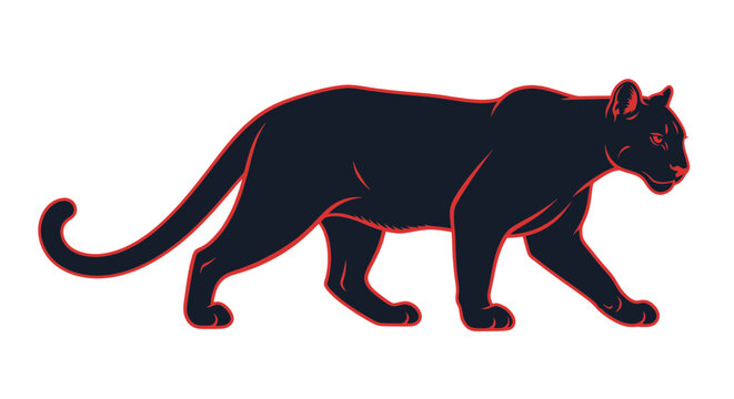 Black panther walking in side view with red outline