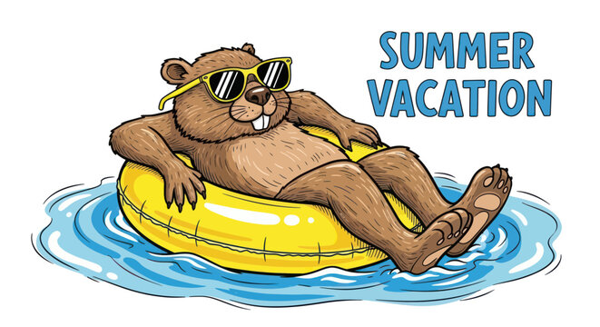 Relaxing beaver in sunglasses floating on a yellow inner tube