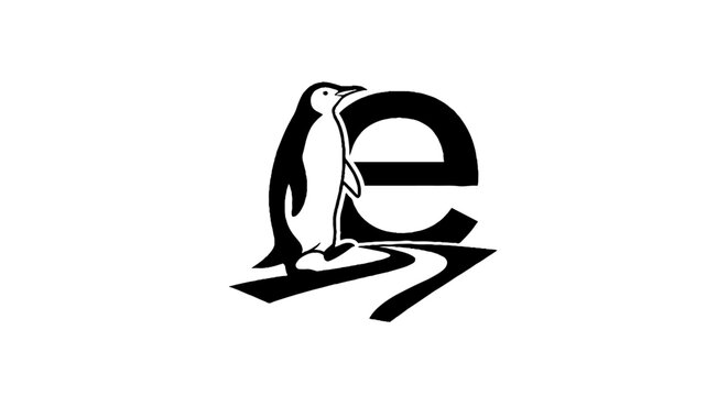 Black and white penguin and letter e logo design.