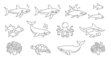 Marine life line art icons with shark whale octopus and sea turtle © fufu
