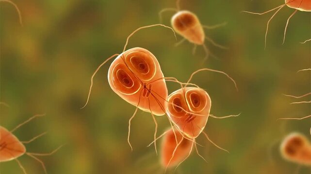 Giardia lamblia trophozoites, 3D animation showing slowly rotating flagellated protozoa, illustrating intestinal parasitic infection and giardiasis.