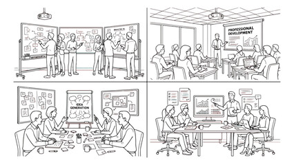 Naklejka premium Professional development and business training scenes, hand drawn doodle vector set of office meetings, corporate workshop and brainstorming sessions
