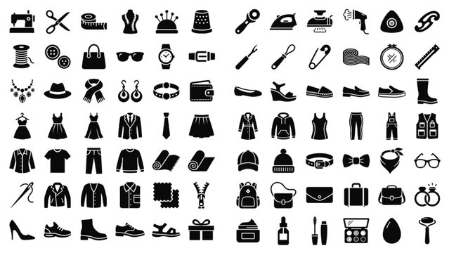 A collection of fashion and accessory icons. The icons include various clothing items, shoes, bags, jewelry, and beauty products