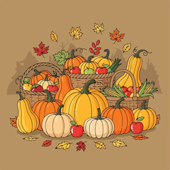 A colorful illustration of pumpkins, apples, and corn in baskets © Zoro