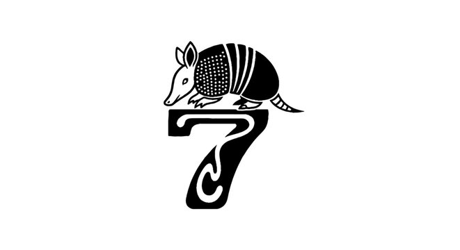 Armored armadillo curled on stylized number seven.