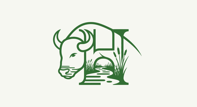 Green bison logo with nature elements and flowing water.