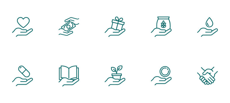 Collection of ten teal line icons on white background representing charity and support