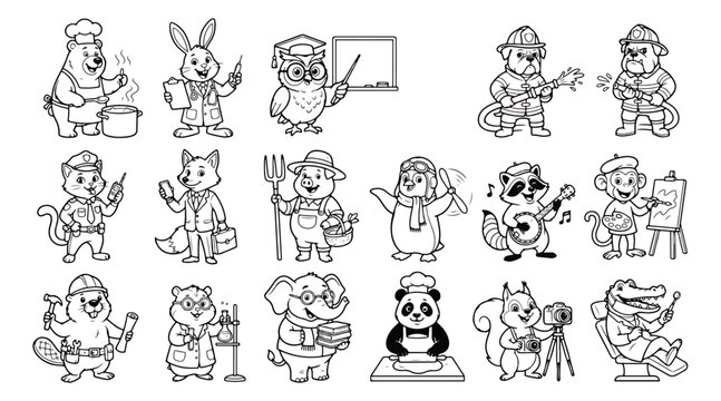 Cartoon animal professions coloring page set, 17 cute character icons in black and white line art, educational occupation vector illustrations for kids