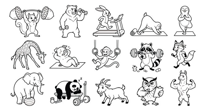 Funny fitness animals vector set, 15 cartoon animal characters working out at the gym, black and white line art illustrations for coloring