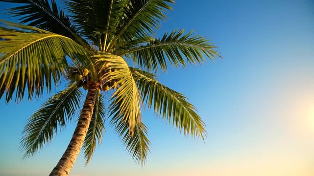 Palm tree with coconuts against blue sky