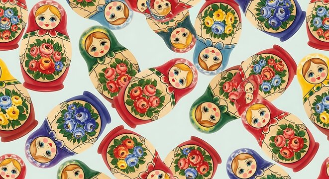 Vibrant nesting dolls in a seamless floral pattern