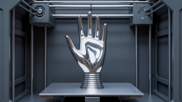 A highly detailed 3D printed metallic chrome hand sculpture inside a 3D printer enclosure.