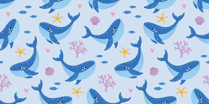 Cute whale seamless pattern with coral, seashells and starfish. 