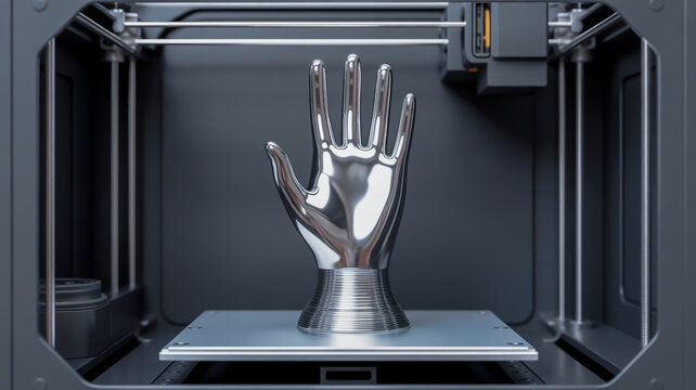 A highly detailed 3D printed metallic chrome hand sculpture inside a 3D printer enclosure.
