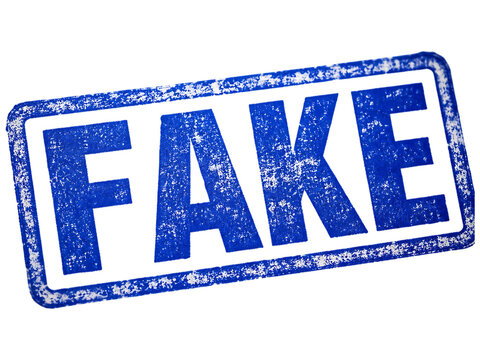 Blue rubber stamp with the word FAKE in bold letters isolated on transparent background for authenticity verification