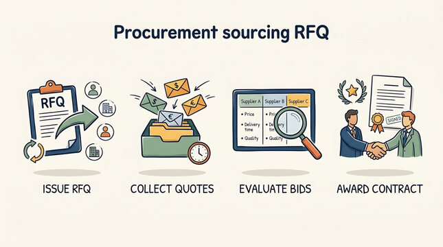 Business professionals engaged in procurement process with RFQ document