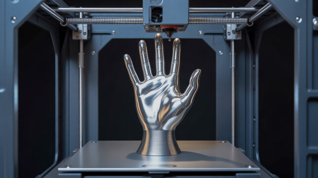 A highly detailed 3D printed metallic chrome hand sculpture inside a 3D printer enclosure.