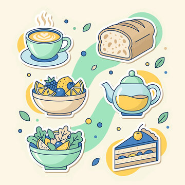 Colorful illustration of food and drink.