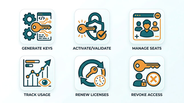 Software licensing management icons for security key generation user seat monitoring and digital subscription access control services