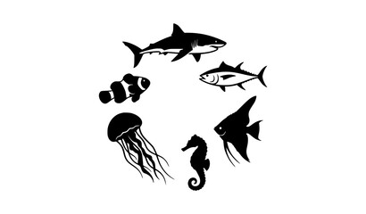 Marine life silhouette collection sharks fish jellyfish seahorse and ray © Najma