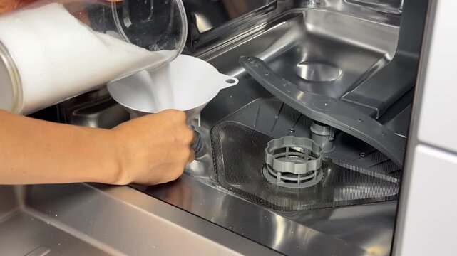 Close up of woman putting dishwasher salt into machine tank, home appliance maintenance.