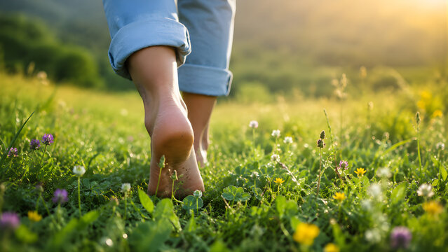 Bare feet walking on green grass with wildflowers at golden hour