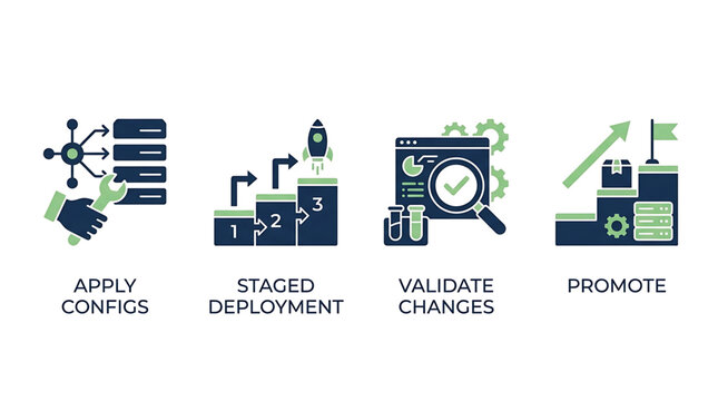 Technology icons illustrate software deployment process with validation and promotion stages